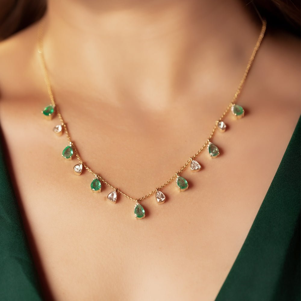 Emerald Dreams necklace worn with vintage glam, emerald and polki accents
