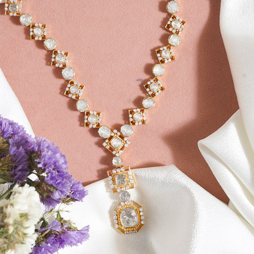 Polki diamond necklace Evelyn design with vintage floral motifs and gold polish