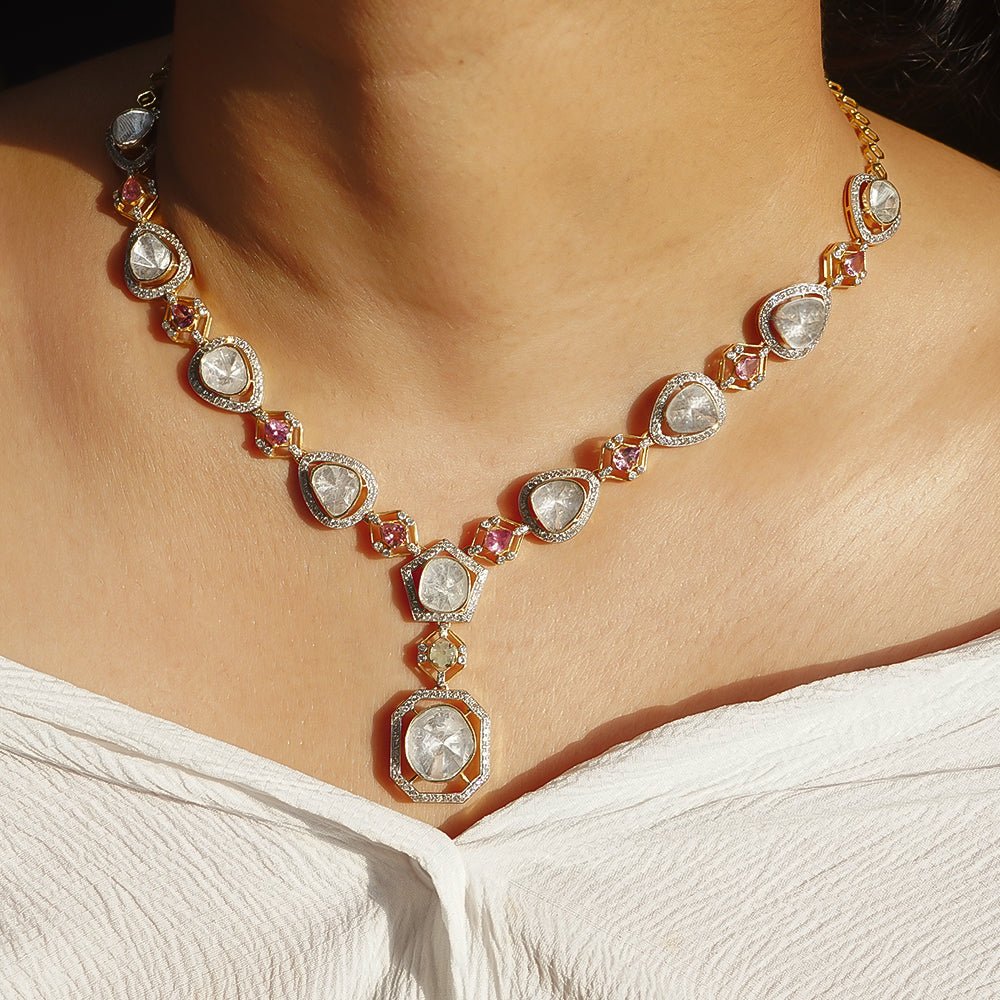 Gem Talk necklace styled on model, symbolic colorful stones and fine polki fusion