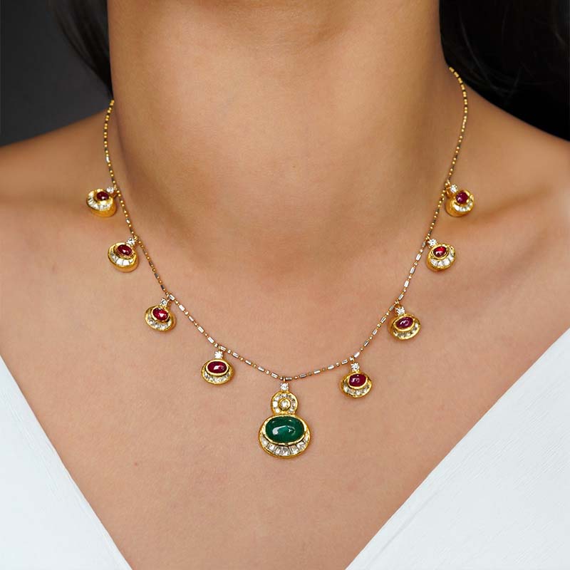 Opal Radiance necklace on model, glowing opals paired with polki settings
