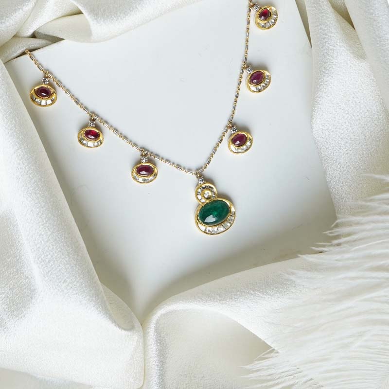 Fine Opal Radiance necklace with central opal stone and polki halo shot flat