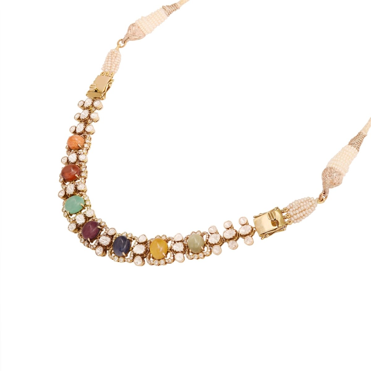 Navratna Fluttering necklace with vibrant stones and polki diamond center styled on model