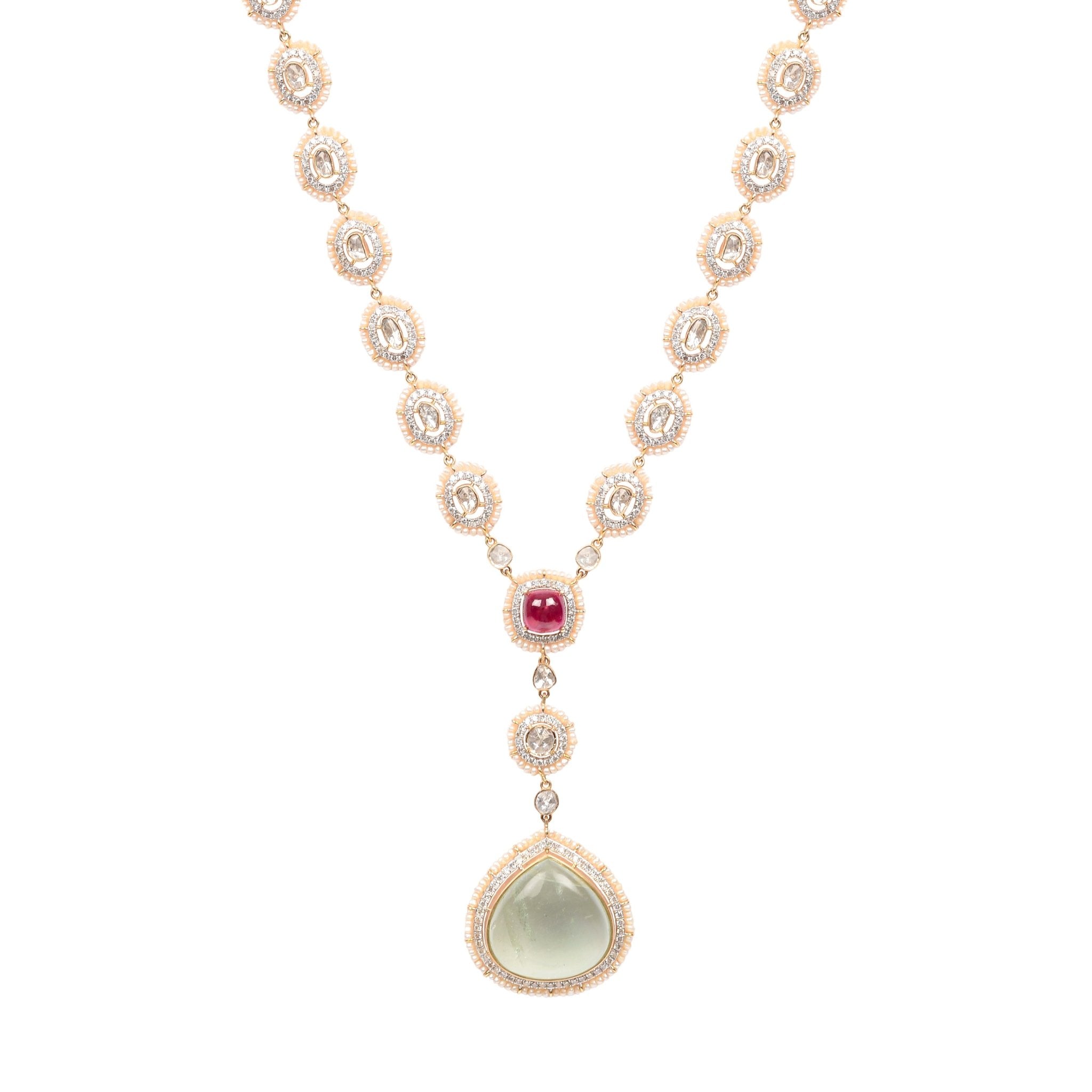 Love Fusion Polki Diamond Pendant 14K Gold with Fluoride Ruby