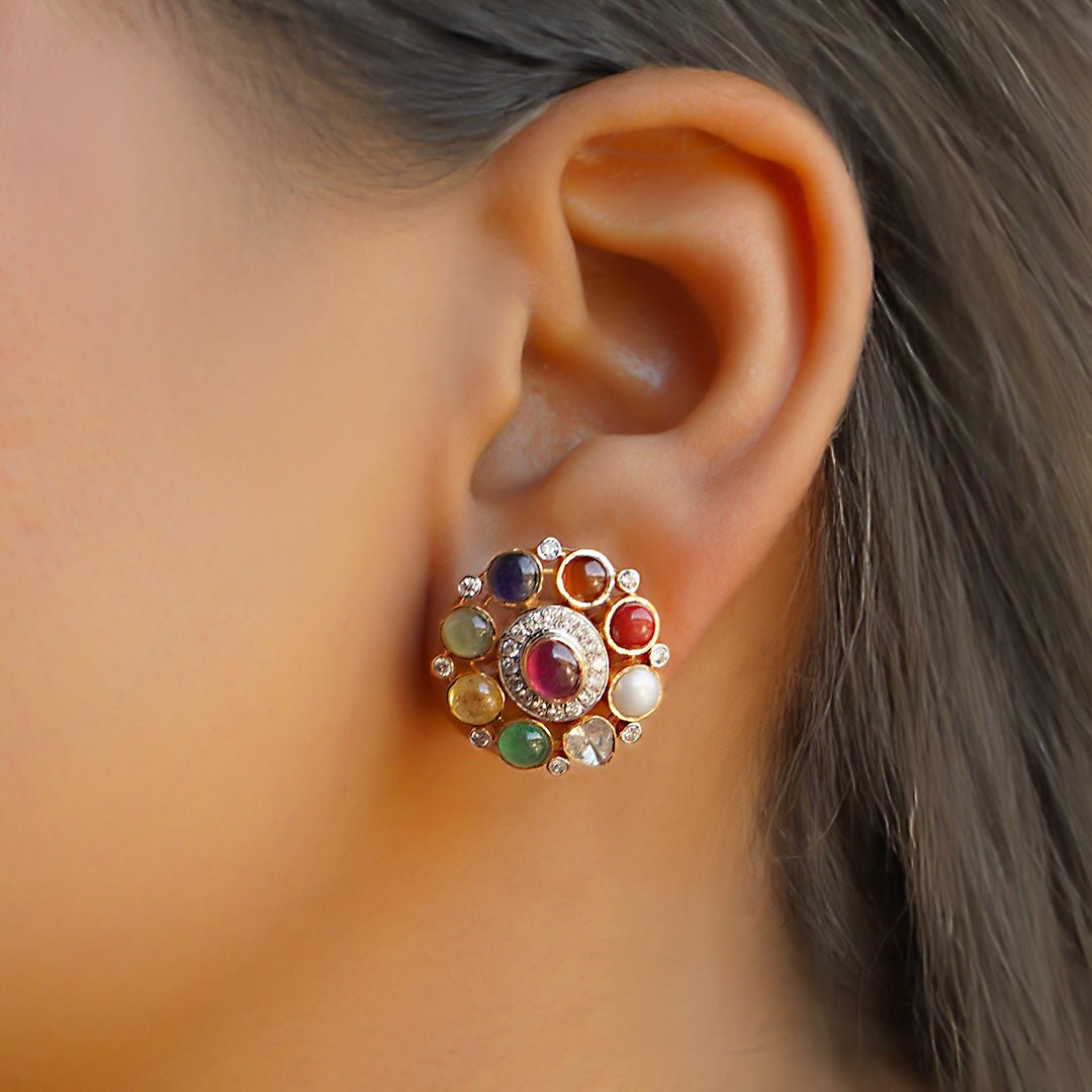 Navratna Studs styled with Vedic energy and traditional diamond-polki aura.