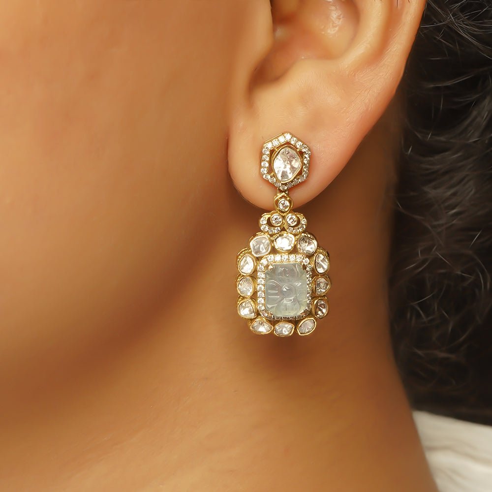 Victorian-style Aquamarine Earrings worn with regal drape and diamond-polki finesse.
