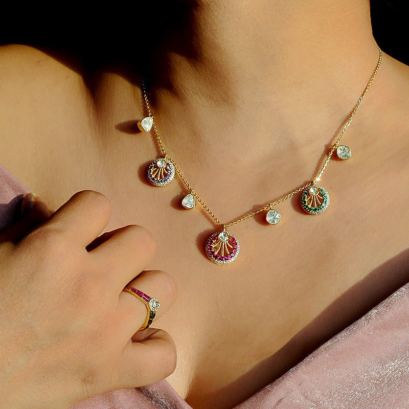 Model flaunting Aurora Floral Polki necklace, glowing in pastel gemstone hues