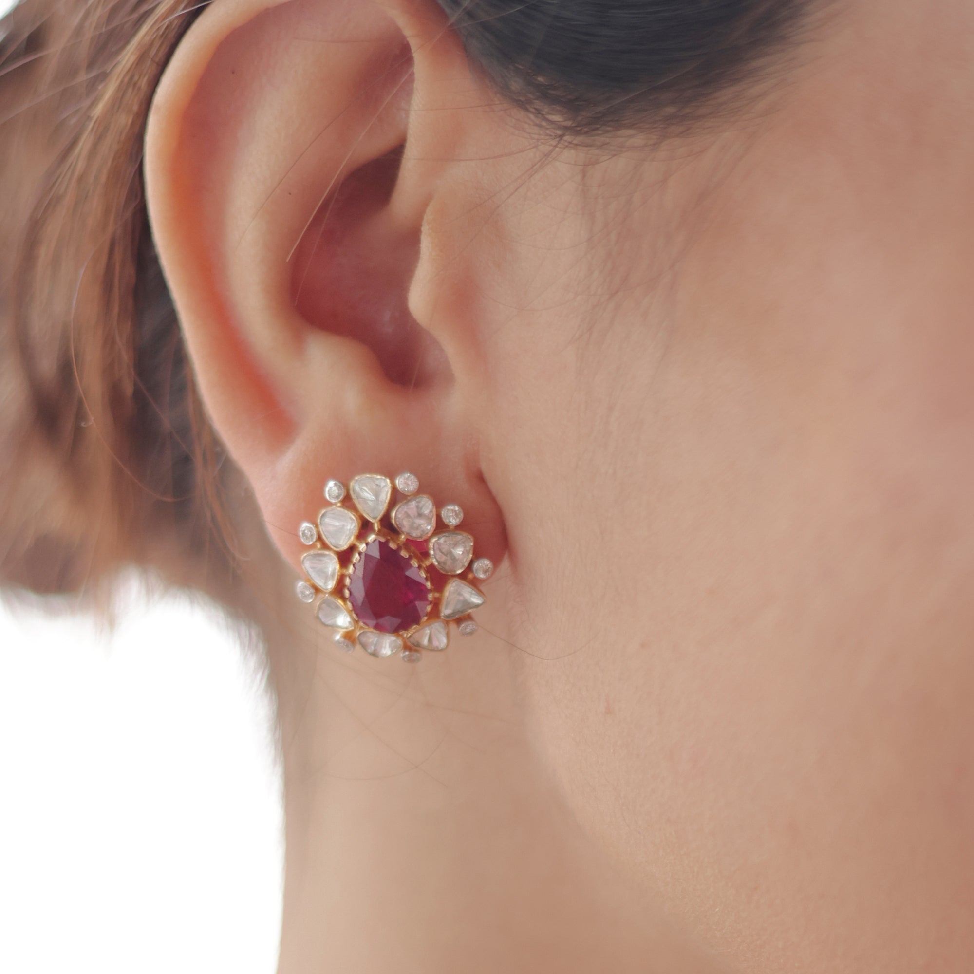 Imperial Ruby Earrings worn for regal grace and gemstone-polki fusion.