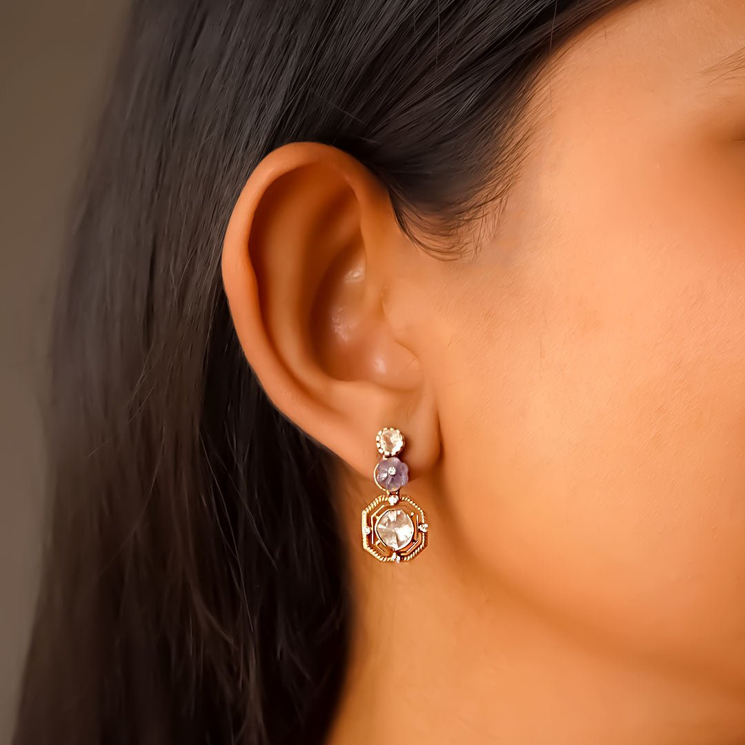 Nerissa earrings styled with ocean-toned outfit, pairing well with coastal polki finesse.