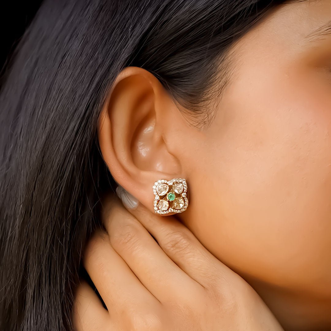 Fern Finery earrings styled with leaf-print outfit, embracing nature and diamond artistry.