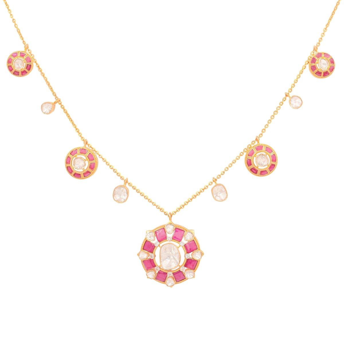 Crimson Celestia Polki necklace with bold red stones on clean white surface