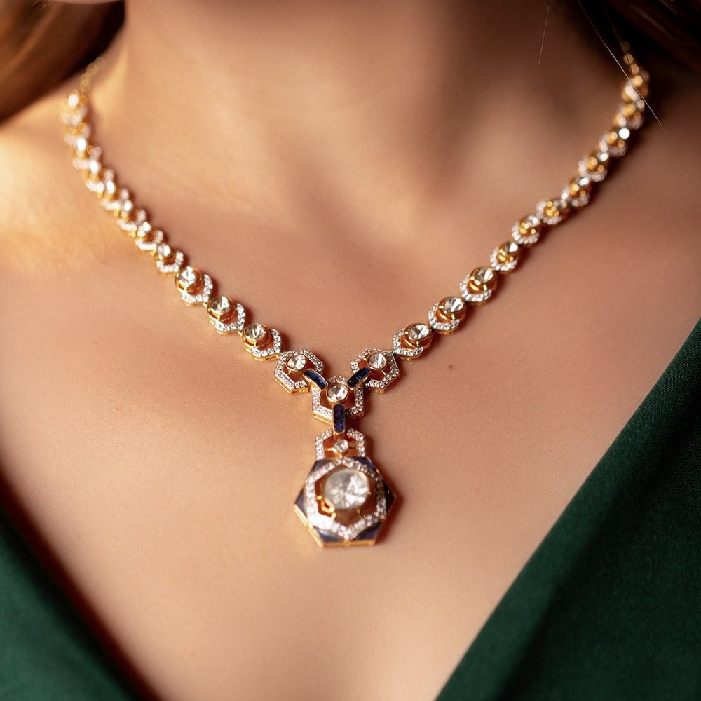 Mercurial Trine necklace styled on model, celestial-inspired fine polki diamonds