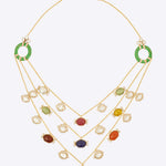 14K gold necklace with Navratna stones and Polki diamonds in a layered design.