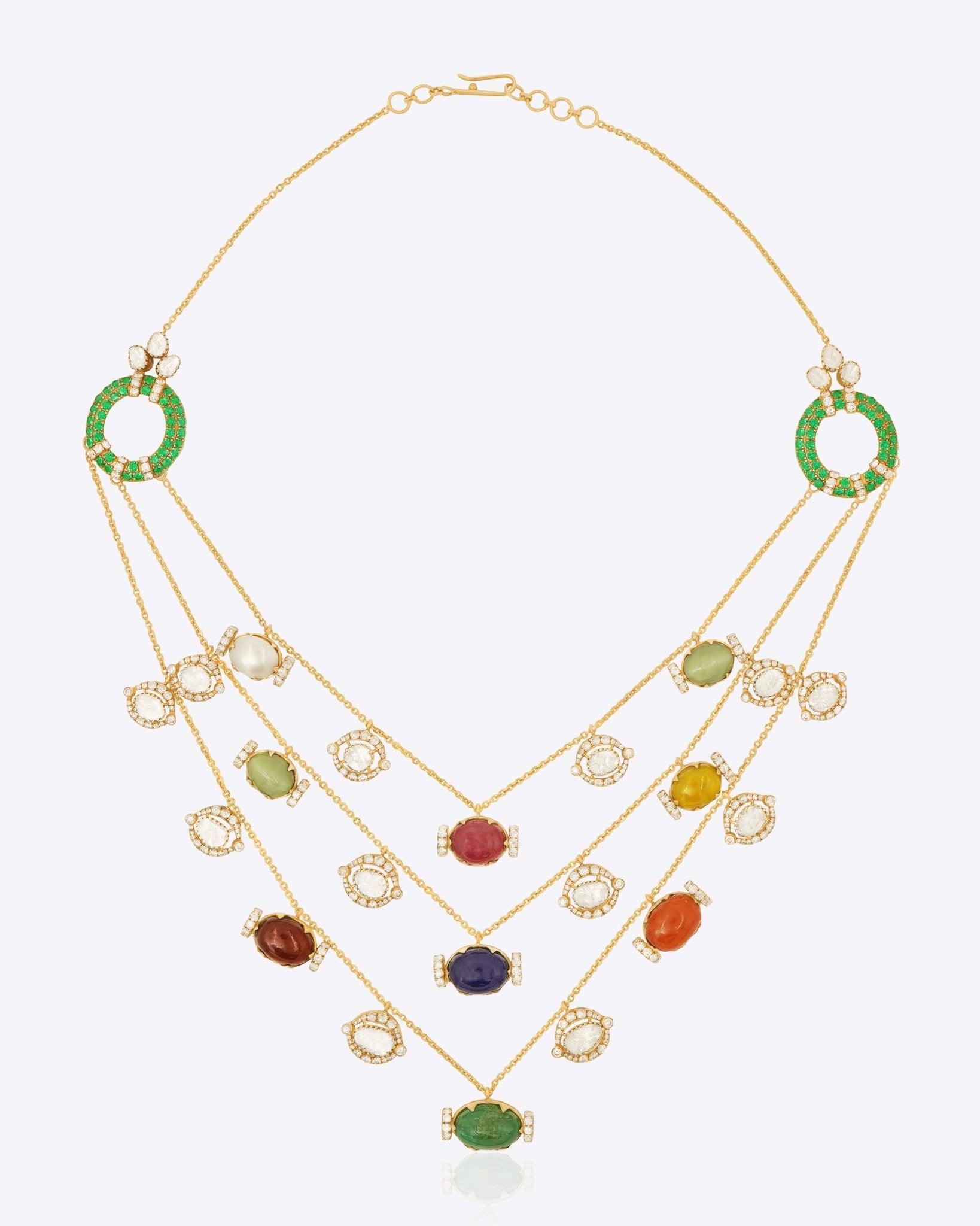 14K gold necklace with Navratna stones and Polki diamonds in a layered design.
