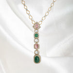 14k gold pendant with pink tourmaline, green aventurine, and Polki diamonds