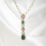 14k gold pendant with pink tourmaline, green aventurine, and Polki diamonds