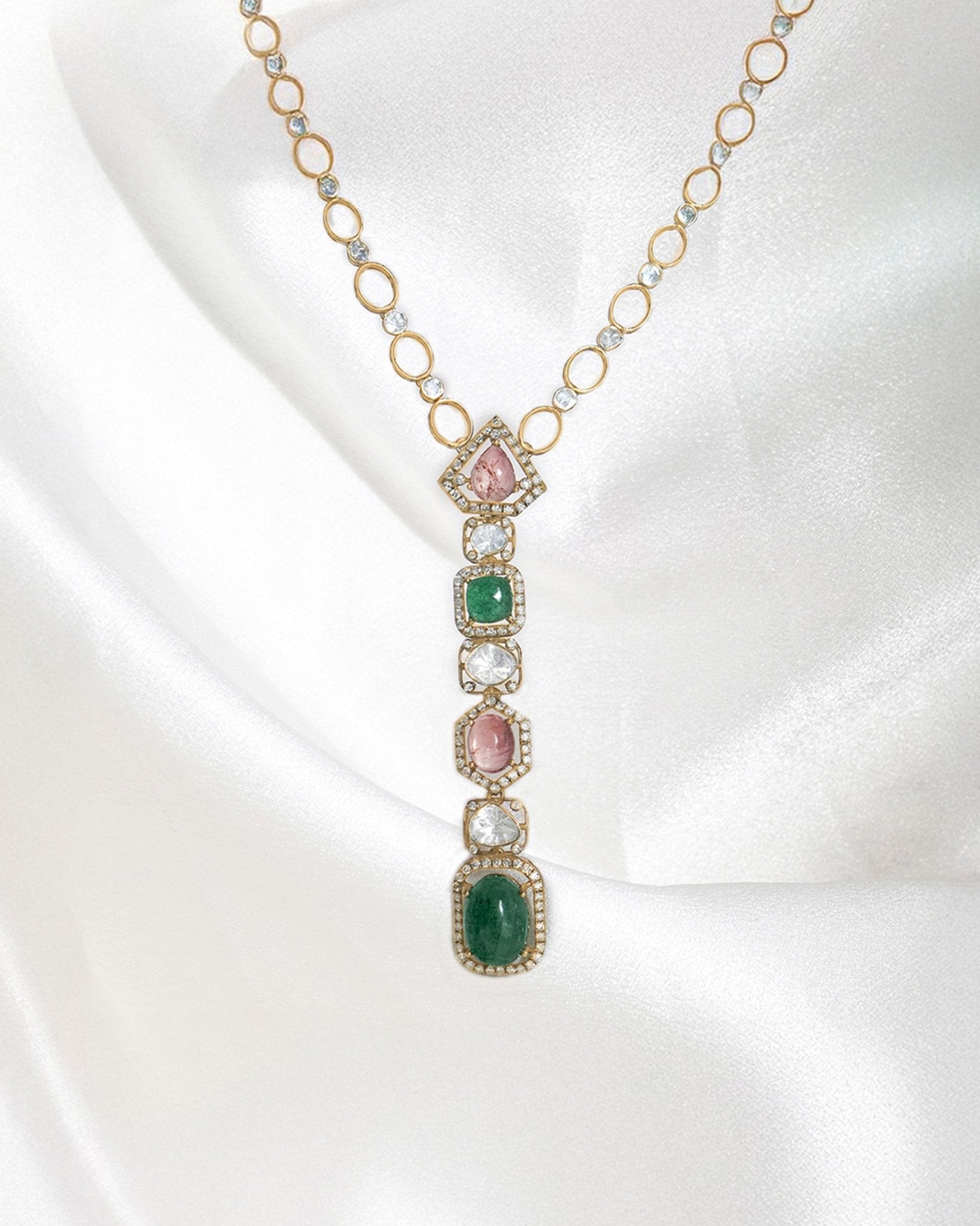 14k gold pendant with pink tourmaline, green aventurine, and Polki diamonds