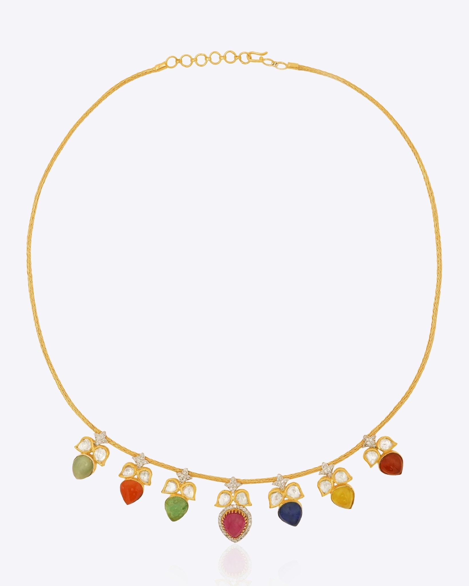 14K gold necklace with Polki, diamonds, pearls, and Navratna stones