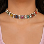 14K gold Navratna Fluttering necklace with vibrant Navratna stones and a Polki border.