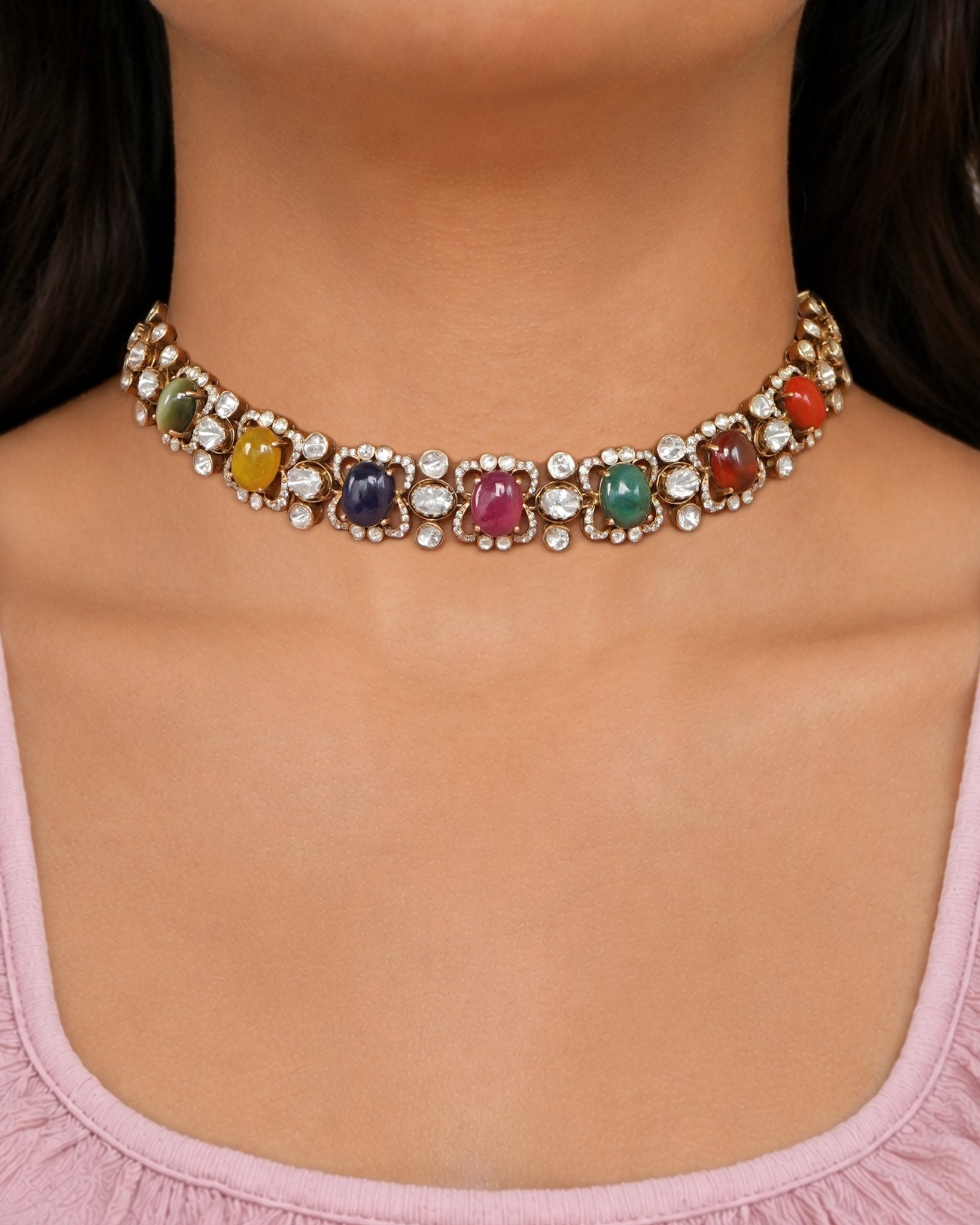 14K gold Navratna Fluttering necklace with vibrant Navratna stones and a Polki border.