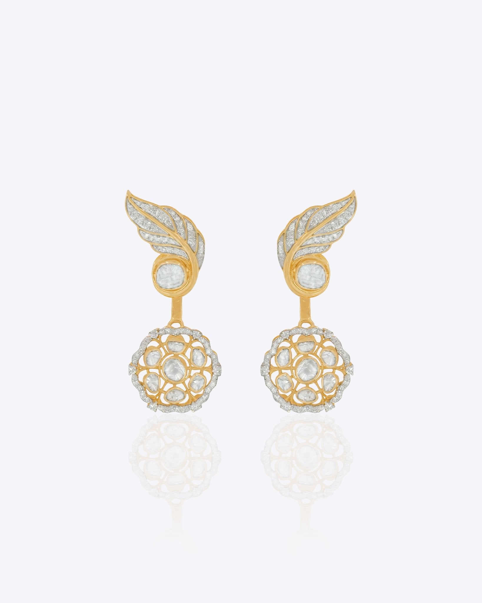 14k gold floral earrings with Polki, diamonds, and a detachable jacket