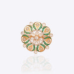 14K gold ring with a green talaf stone centerpiece and Polki diamonds.