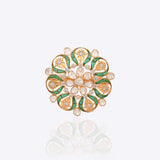 14K gold ring with a green talaf stone centerpiece and Polki diamonds.