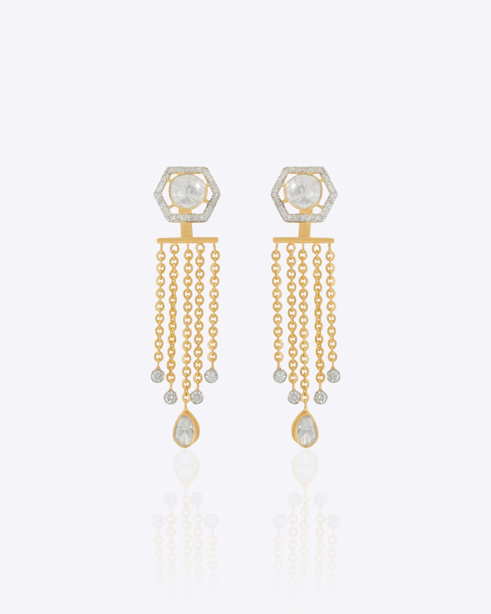 Solara Jacket Earrings in 14K gold with a hexagonal Polki and diamond design