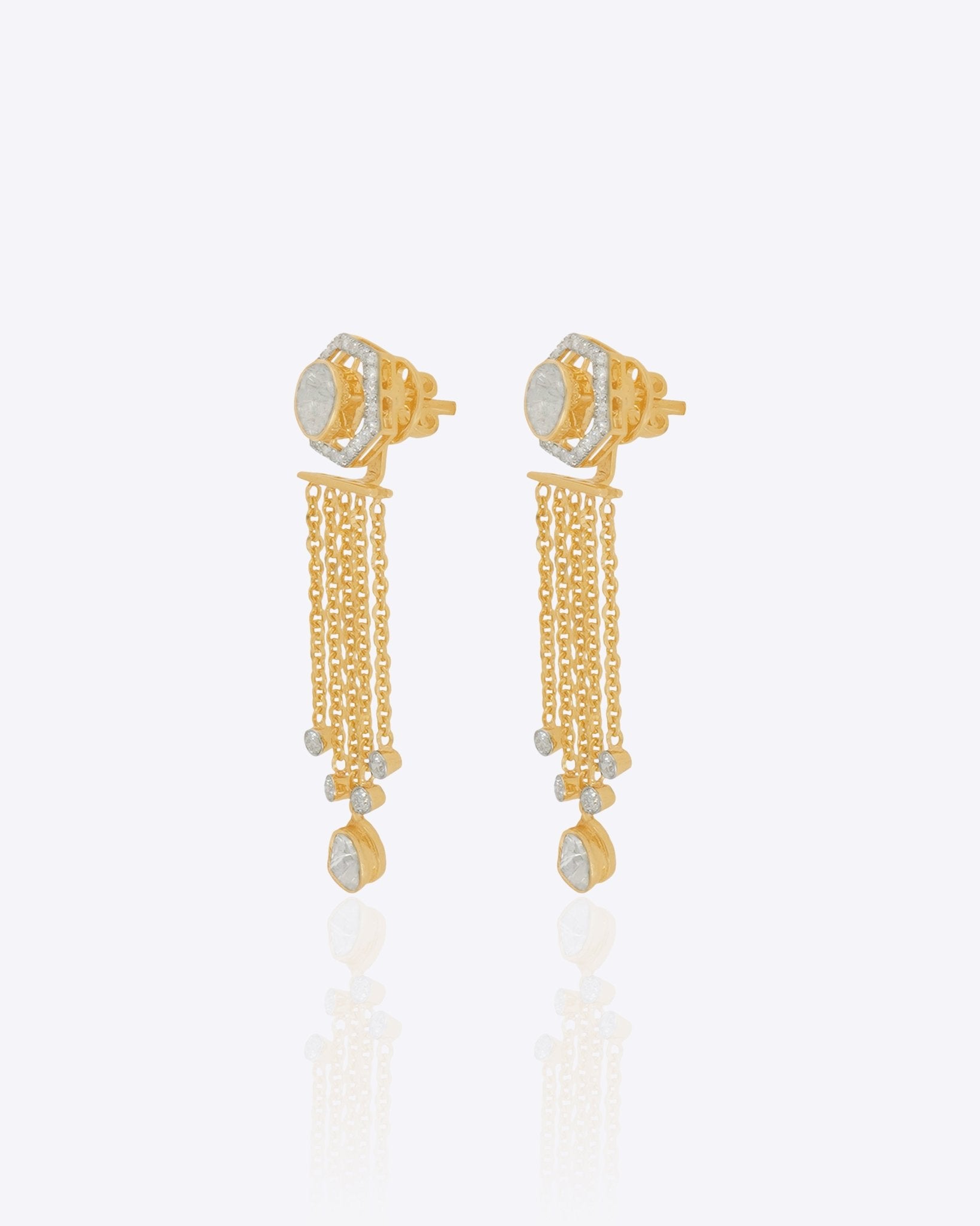 Solara Jacket Earrings in 14K gold with a hexagonal Polki and diamond design