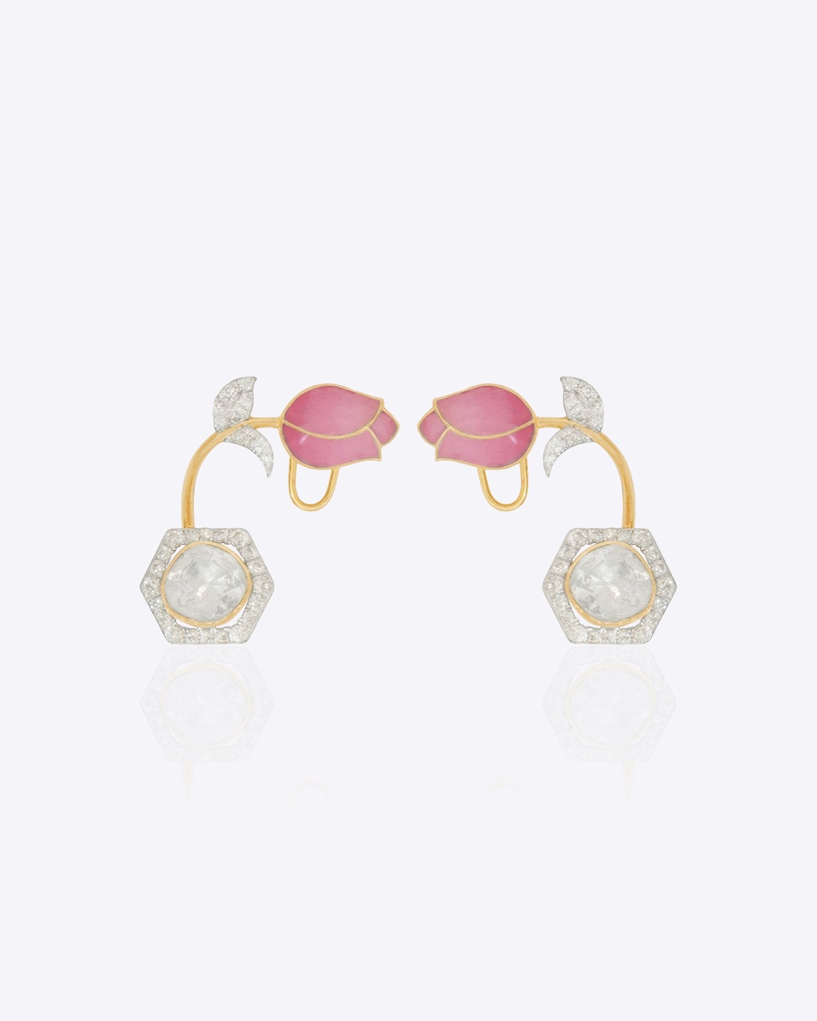 Tulip-inspired jacket earrings in 14k gold with Polki, diamonds, and enamel.