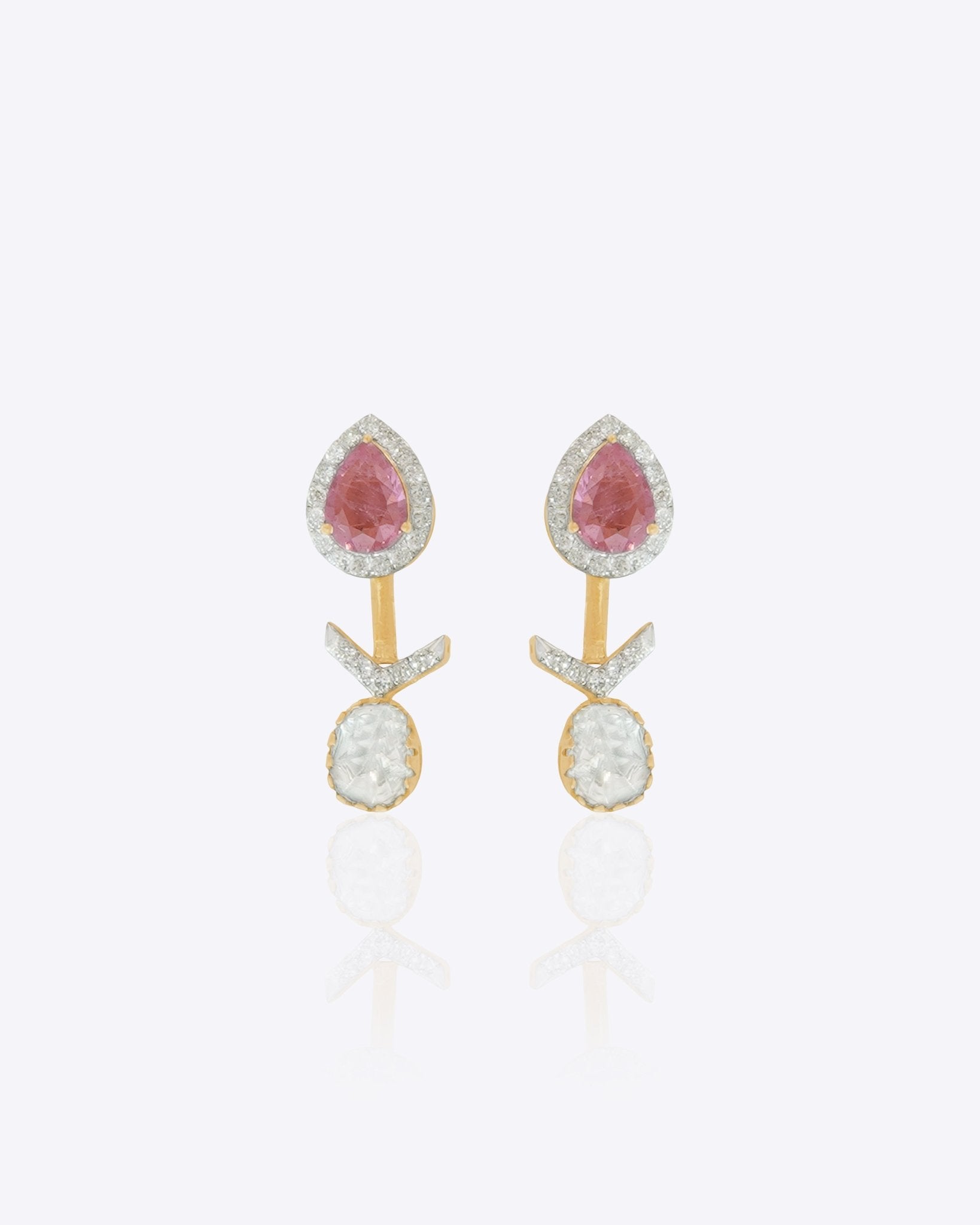 14k gold jacket earrings with Polki and diamonds, wearable as studs or full jackets.
