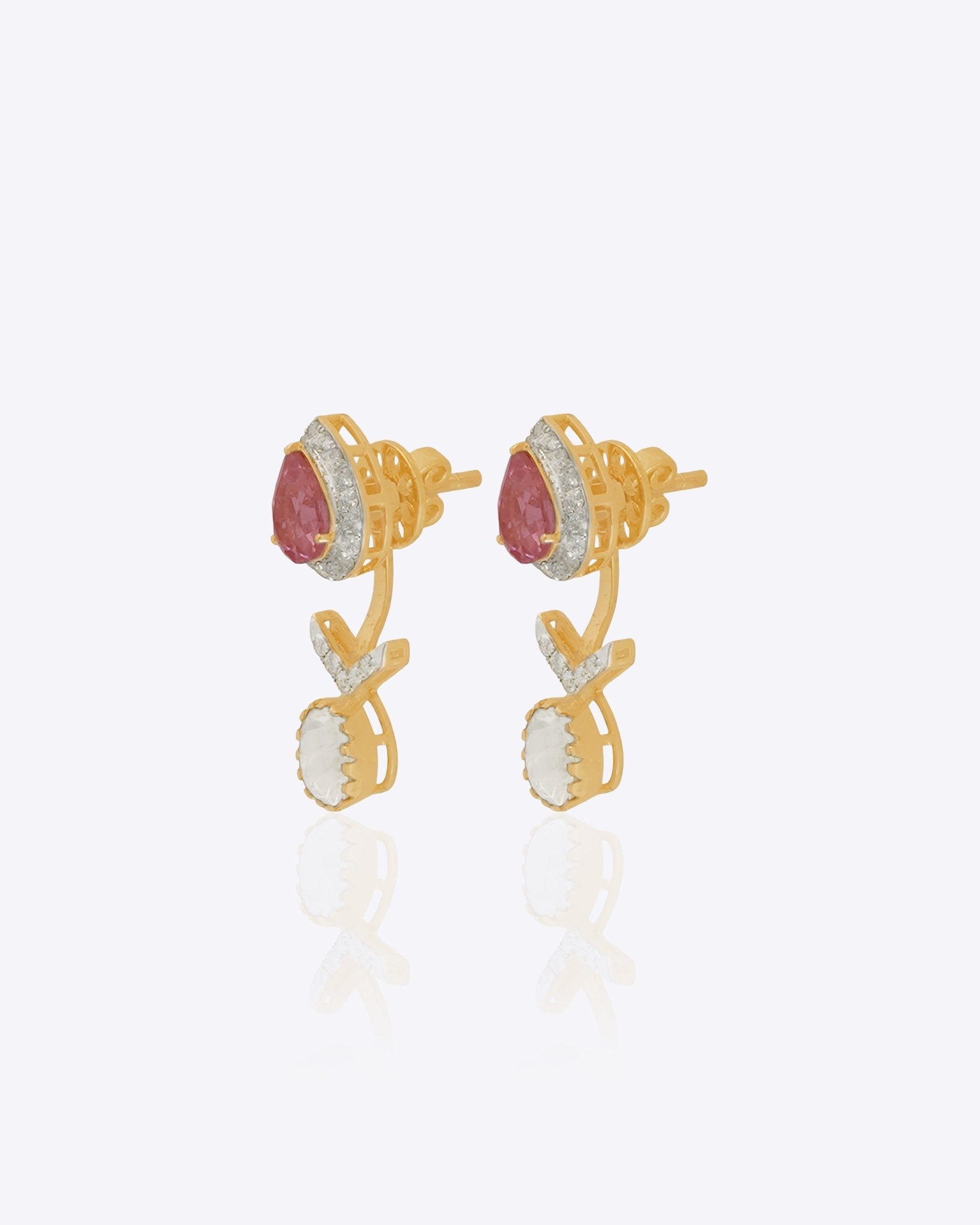 14k gold jacket earrings with Polki and diamonds, wearable as studs or full jackets.