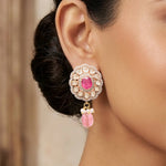 18k gold earrings with Polki diamonds, ruby, and tourmaline