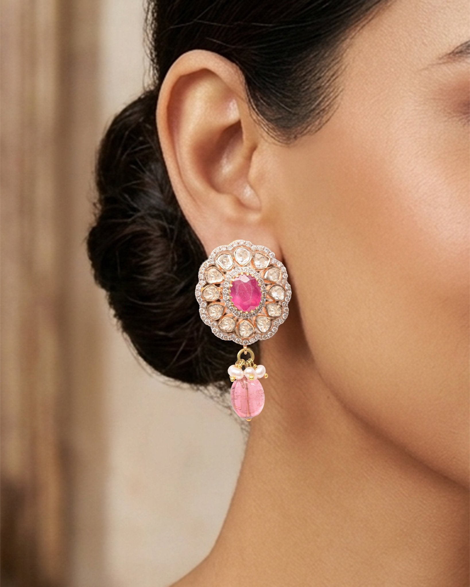 18k gold earrings with Polki diamonds, ruby, and tourmaline