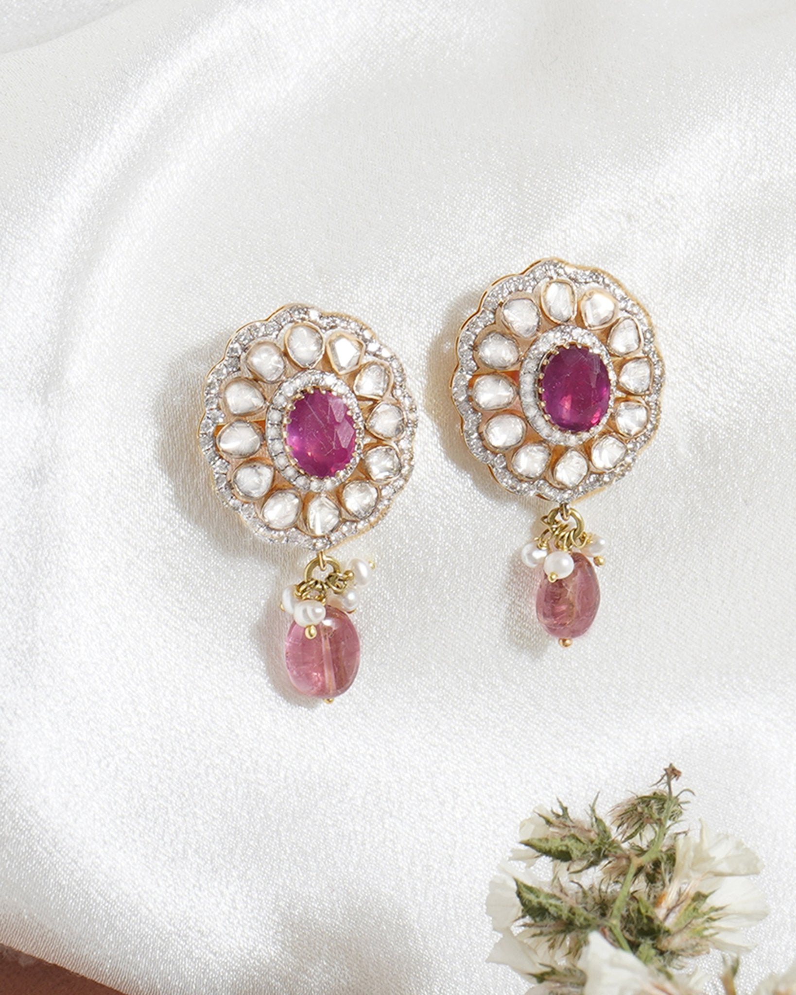 18k gold earrings with Polki diamonds, ruby, and tourmaline