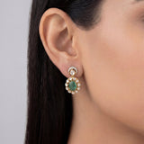14k gold earrings with emerald studs, diamonds, and Polki drop