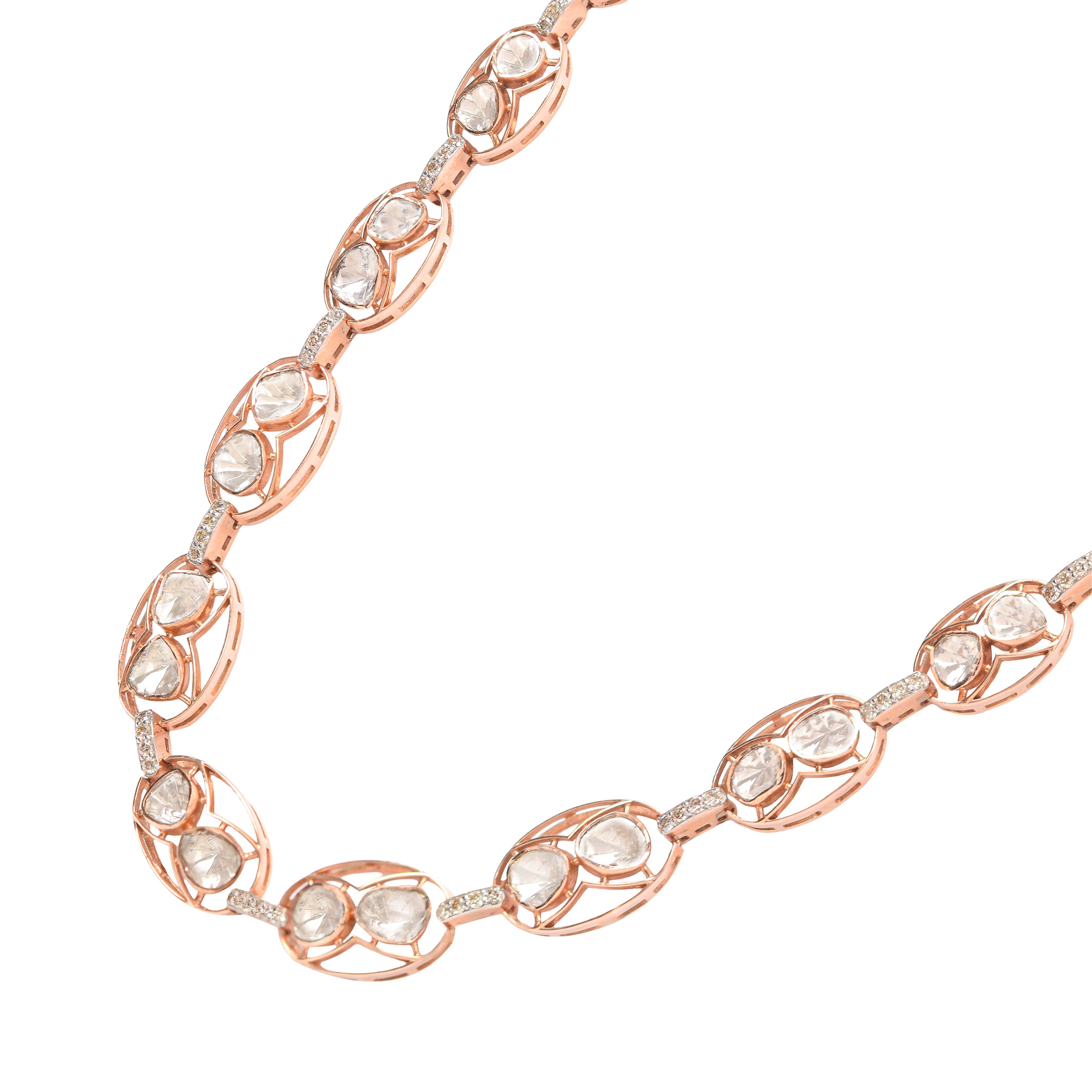 Ethereally Linked Polki Diamond Necklace: Delicate golden frames with sparkling diamond polkis