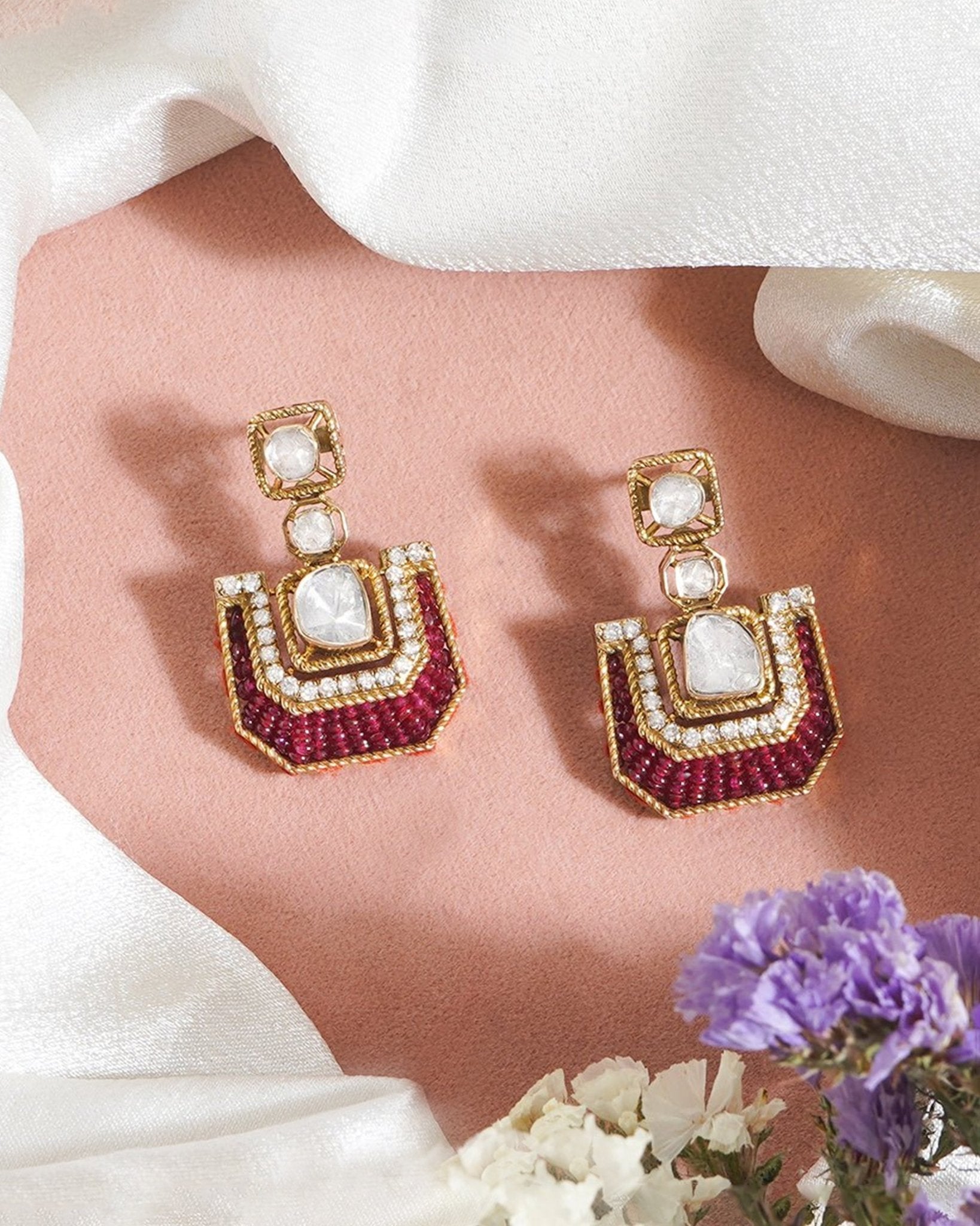 Rosewood Polki Diamond Earrings with scarlet threadwork and structured gold detailing