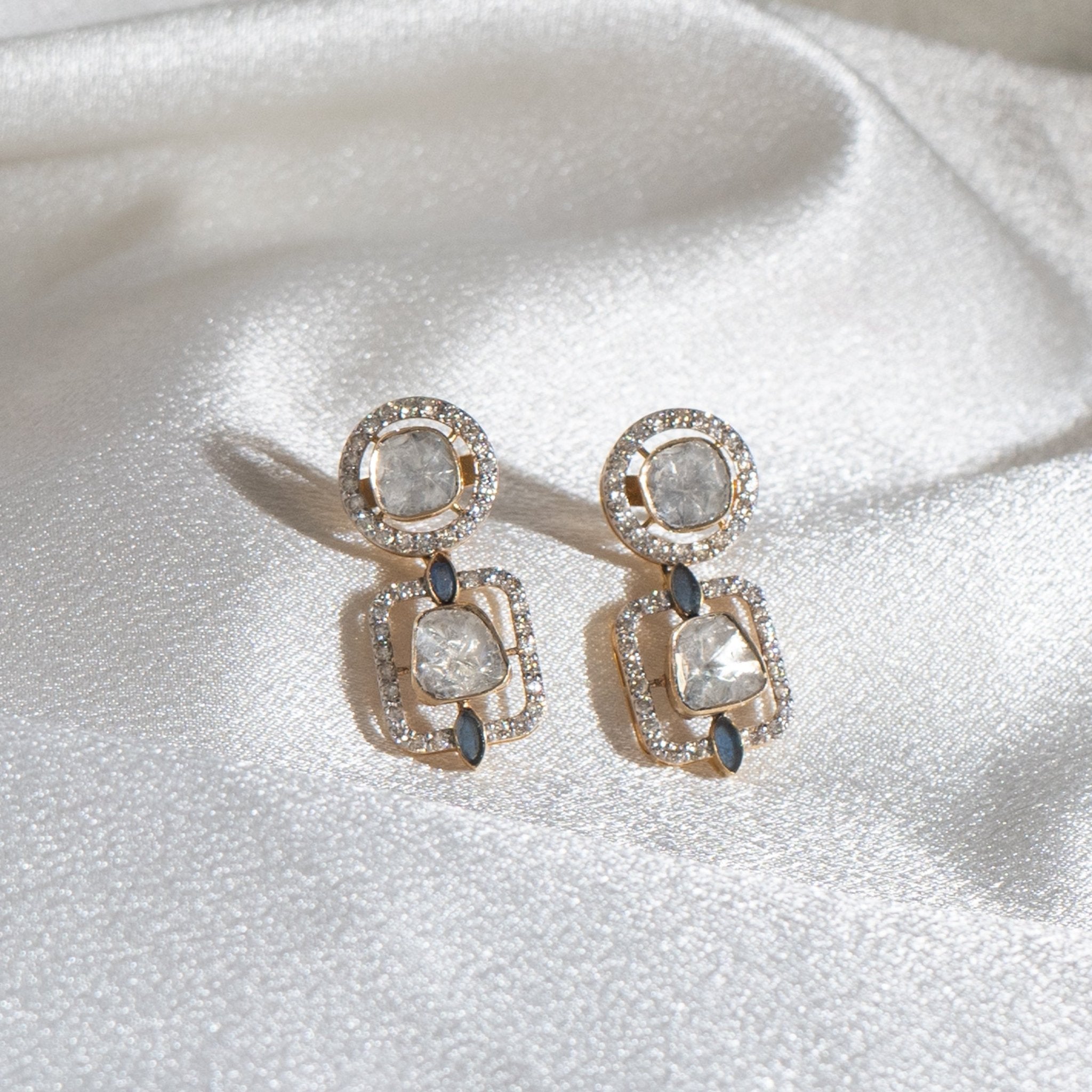 Jewelry image of confident drop design in fine polki arrangement.