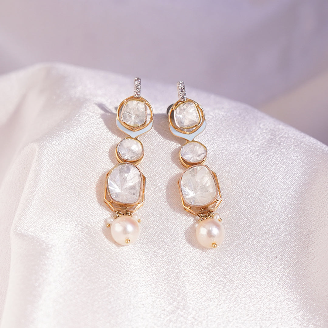 Elegant Pearl & Grace Diamond Polki Earrings with round and square diamonds in a drooping design.