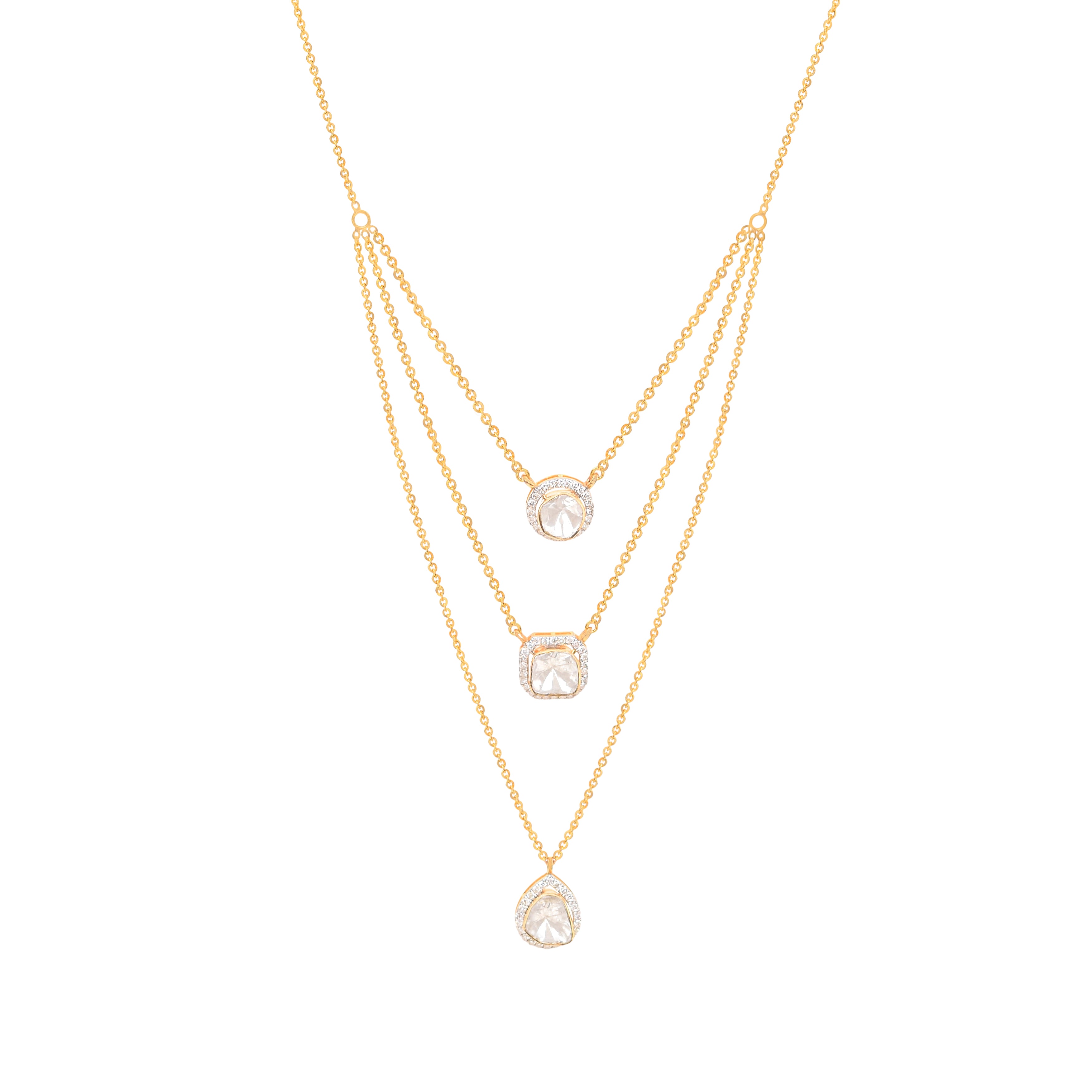 Crafted with finesse, this three-layered pendant features delicate chains adorned with polished links, each graced with a shimmering polki at its center.