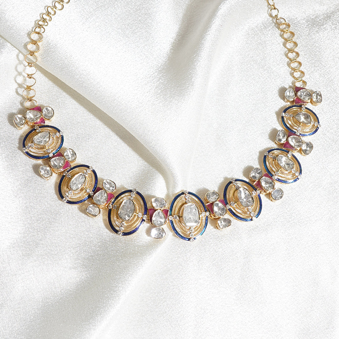 14k gold necklace with resplendent Polki diamonds, halo of shimmering diamonds, and talaf stones on a gold chain.