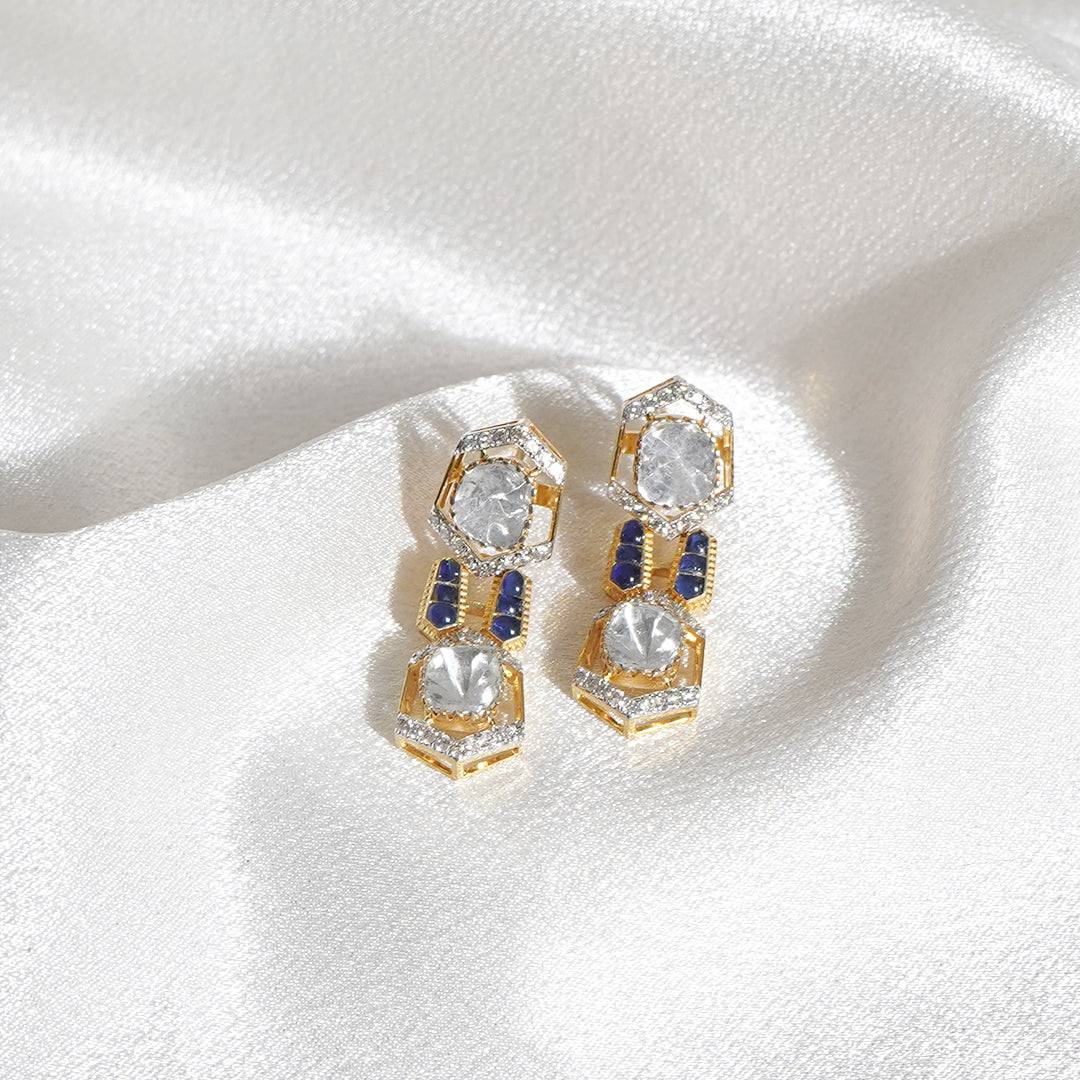 14k gold hexagonal earrings adorned with polkis and talaf stones