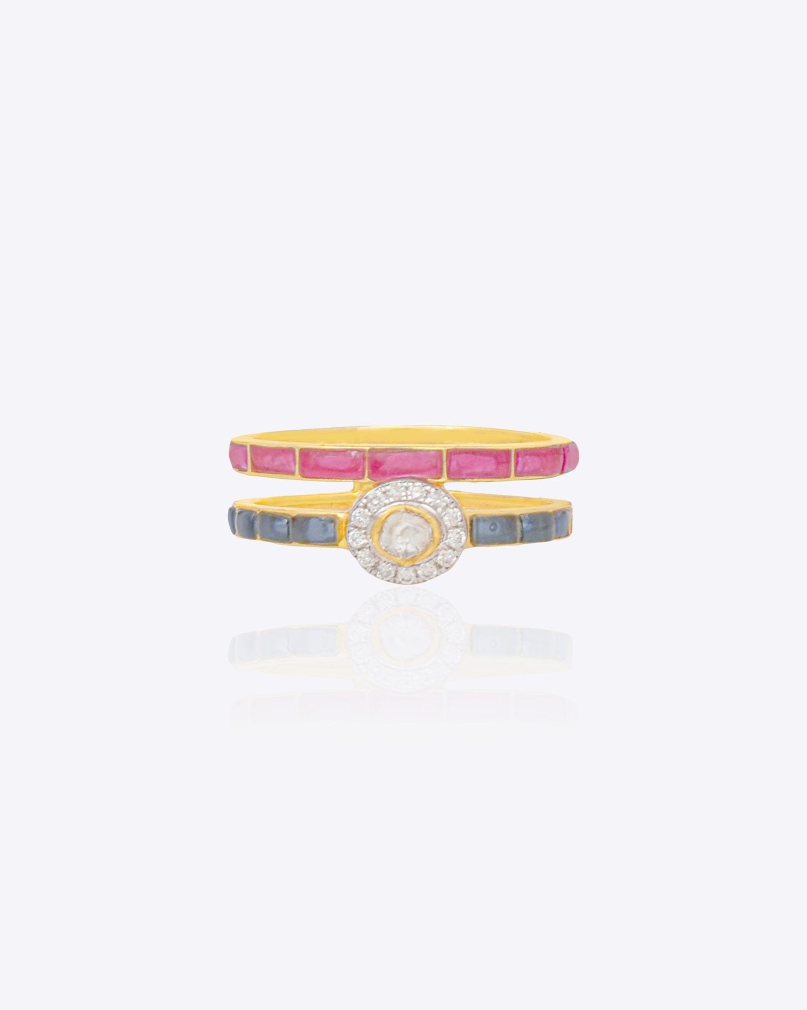 14k gold ring with talaf bands, Polki diamond, and diamond halo