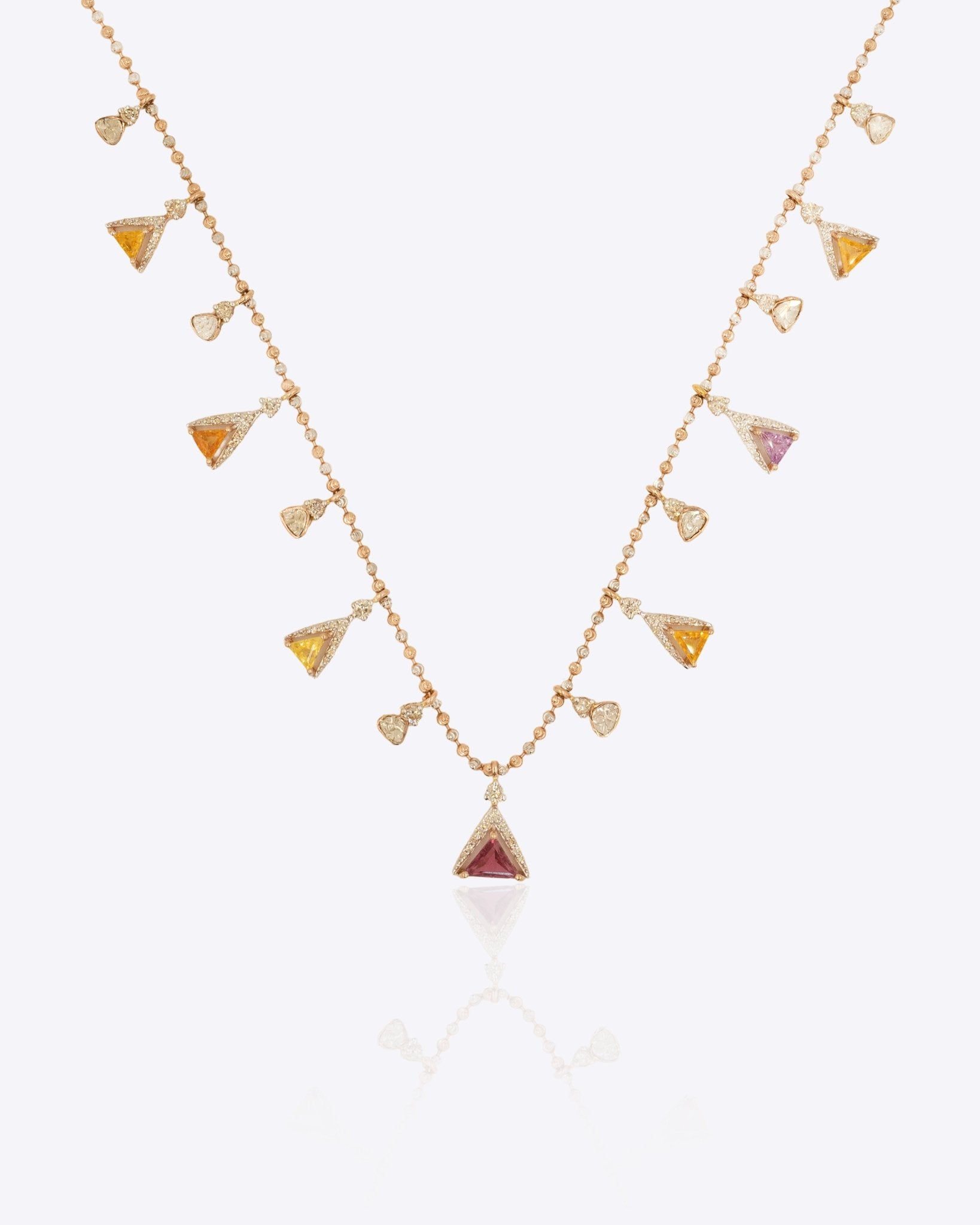 Gemstone Garland Necklace in 14K gold with colourful gemstones and Polki drops.