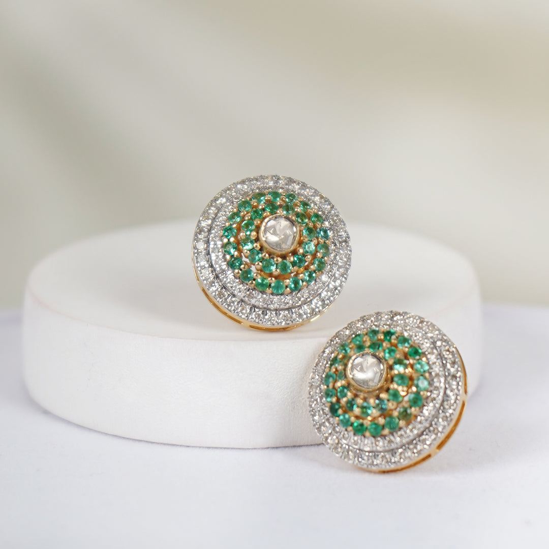 Luxurious Grandiose Diamond Polki Earrings with oval design, emeralds, and Polki diamonds.