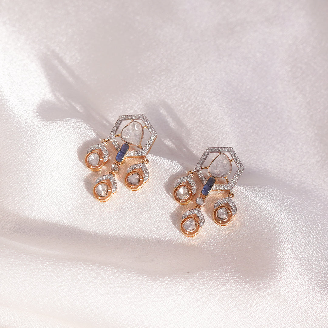 Mercurial Trine Polki Diamond Earrings: 18k gold hexagonal wonders with Talaf Stone and radiant diamonds