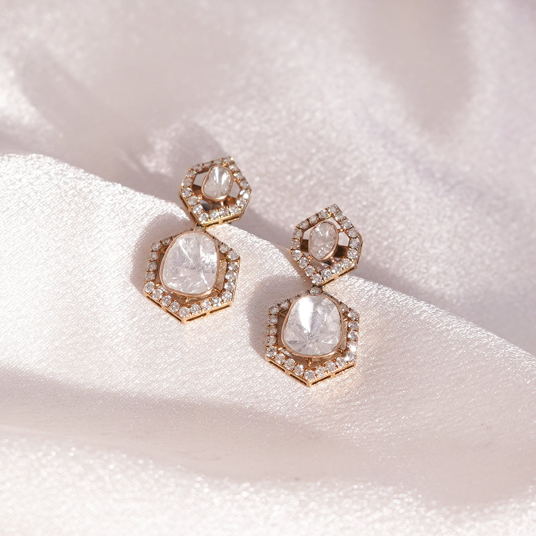 Polki Diamond Earrings in 14k gold with hexagonal structure, polki center, diamond halo, and talaf stone