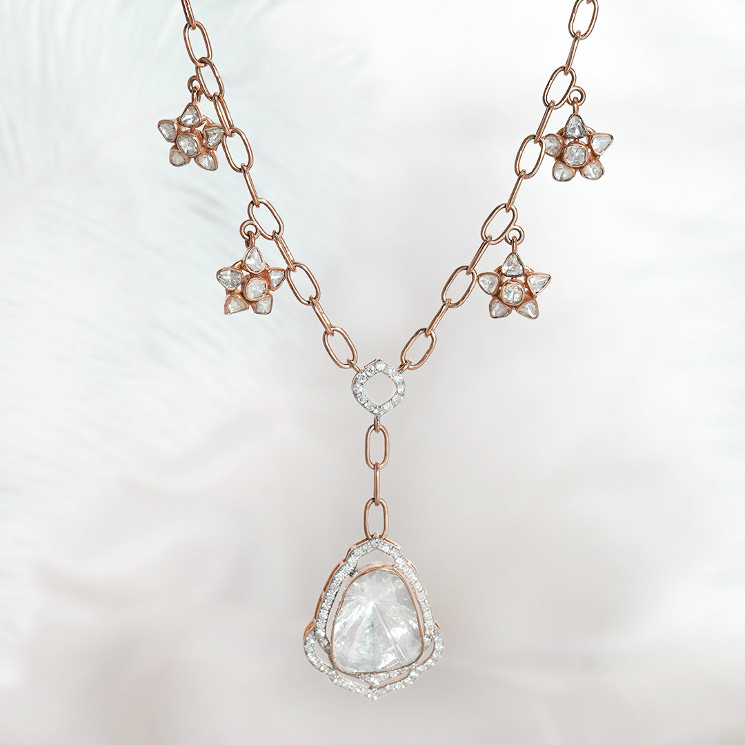 Delicate Polki Diamond Pendant with 3 studs on gold chain exudes charm and sophistication.