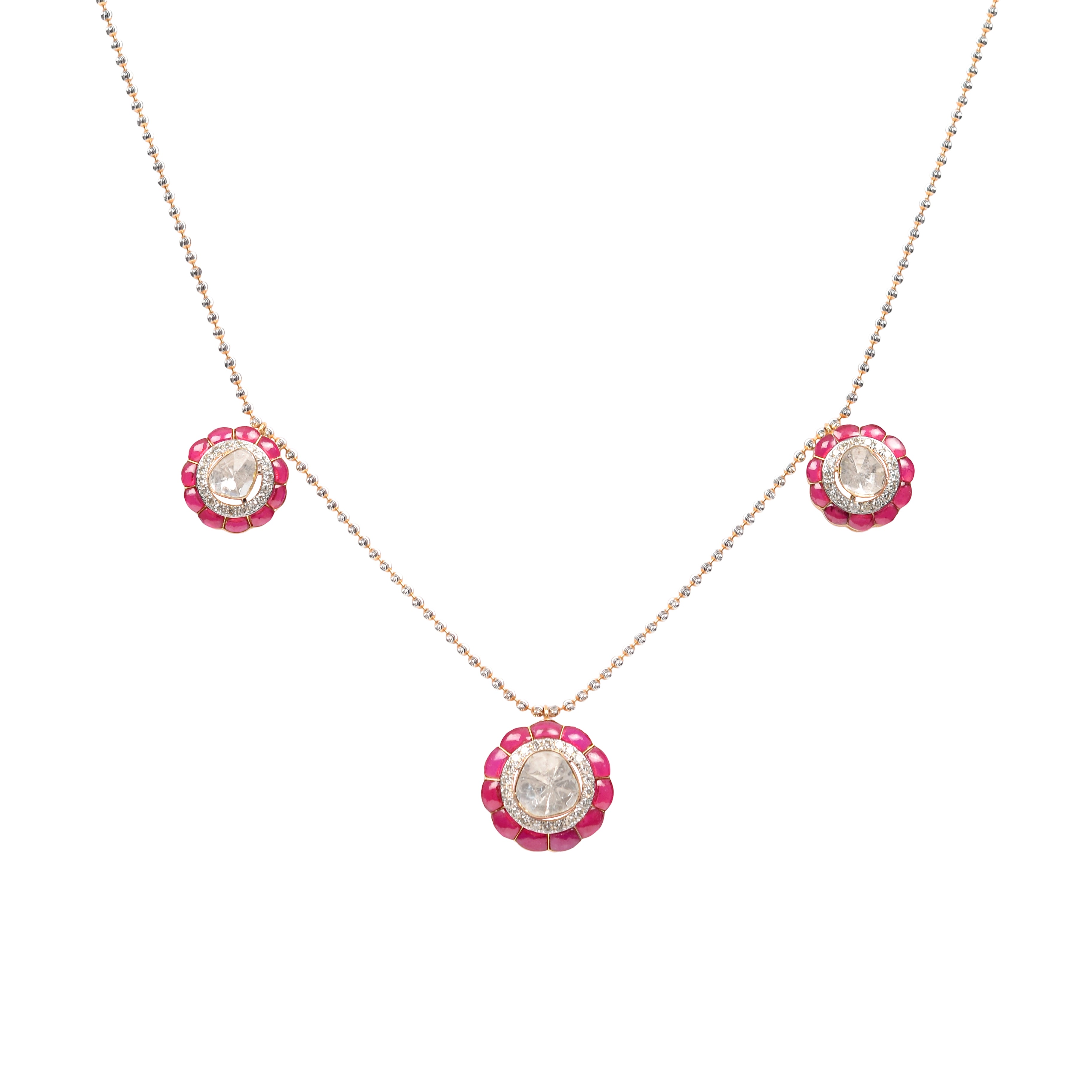 Luxurious 14k gold pendant with Pink Talf stones, diamonds, and polkis.