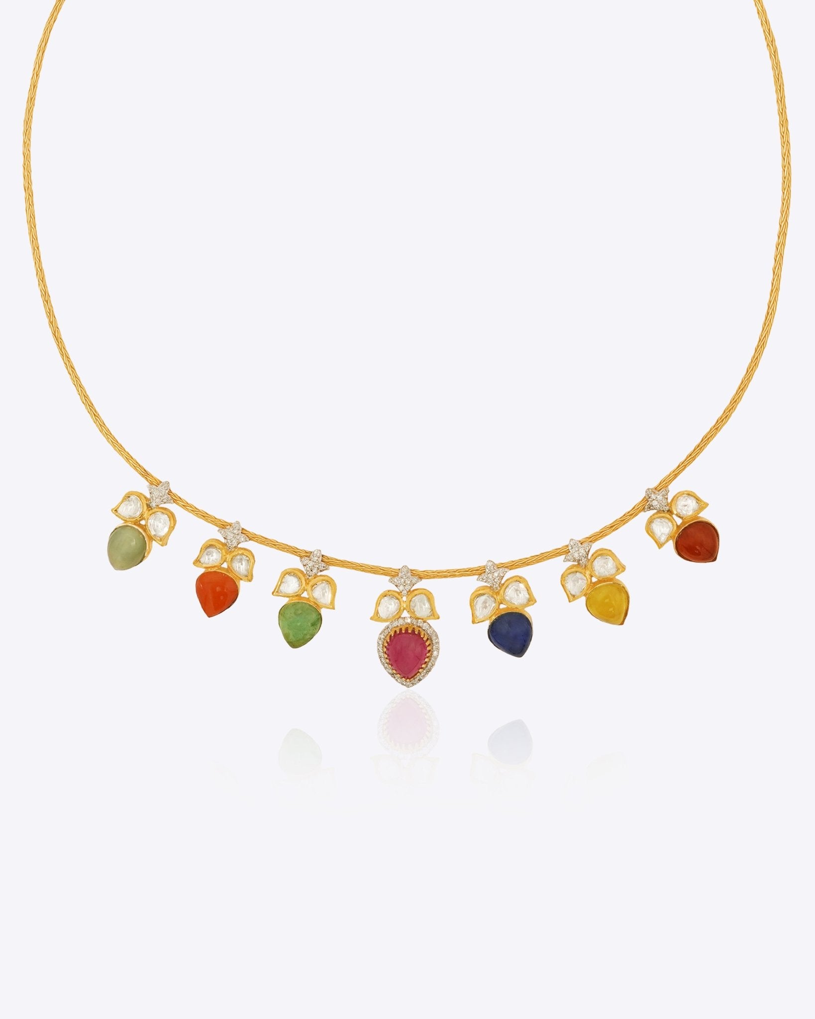 14K gold necklace with Polki, diamonds, pearls, and Navratna stones